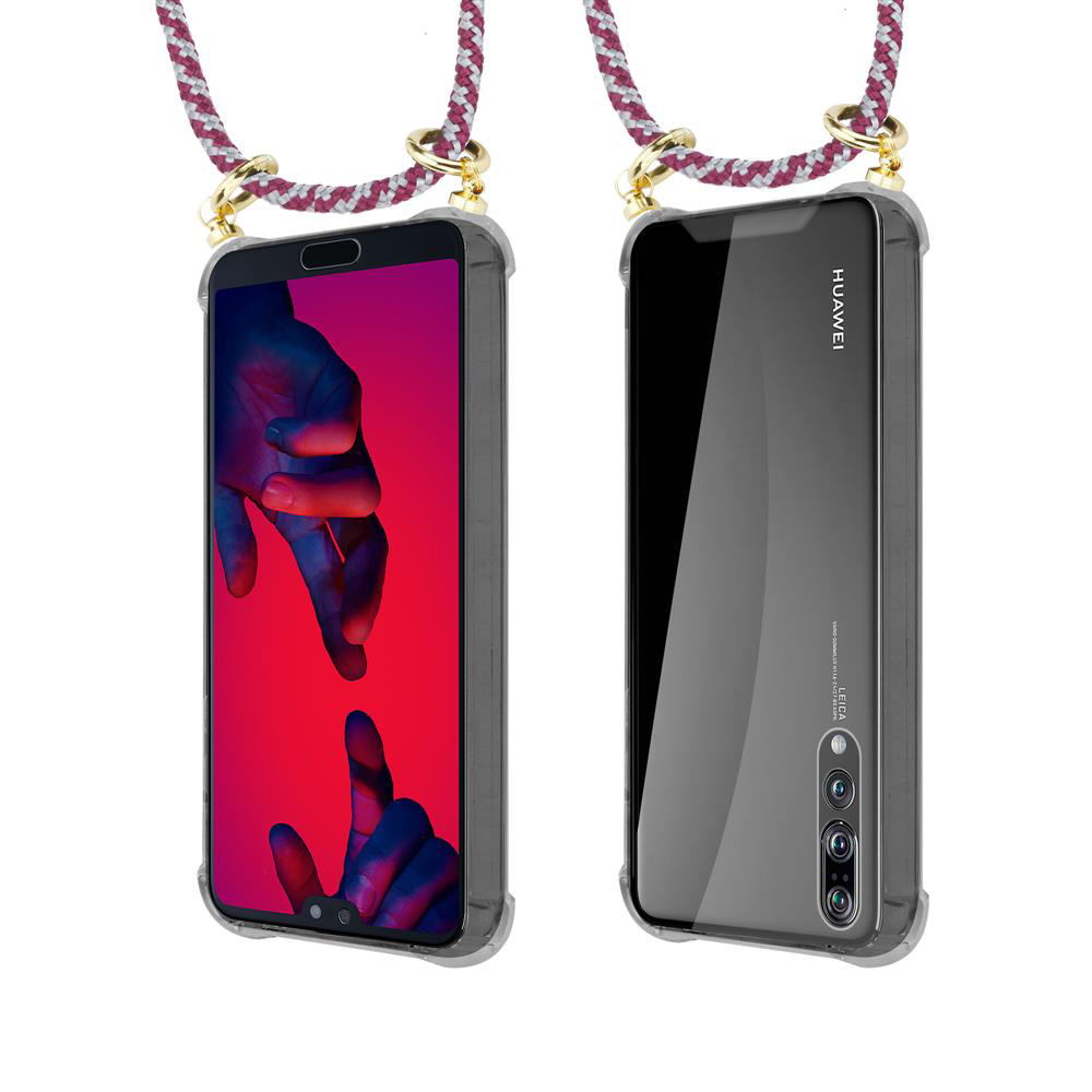 Due telefoni Huawei con cordini: fronte con mani, retro con fotocamere.