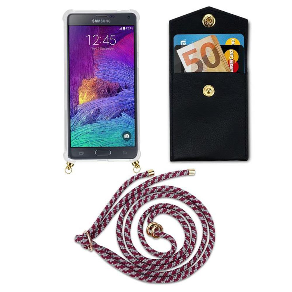 Smartphone con portafoglio e cordino su sfondo bianco.