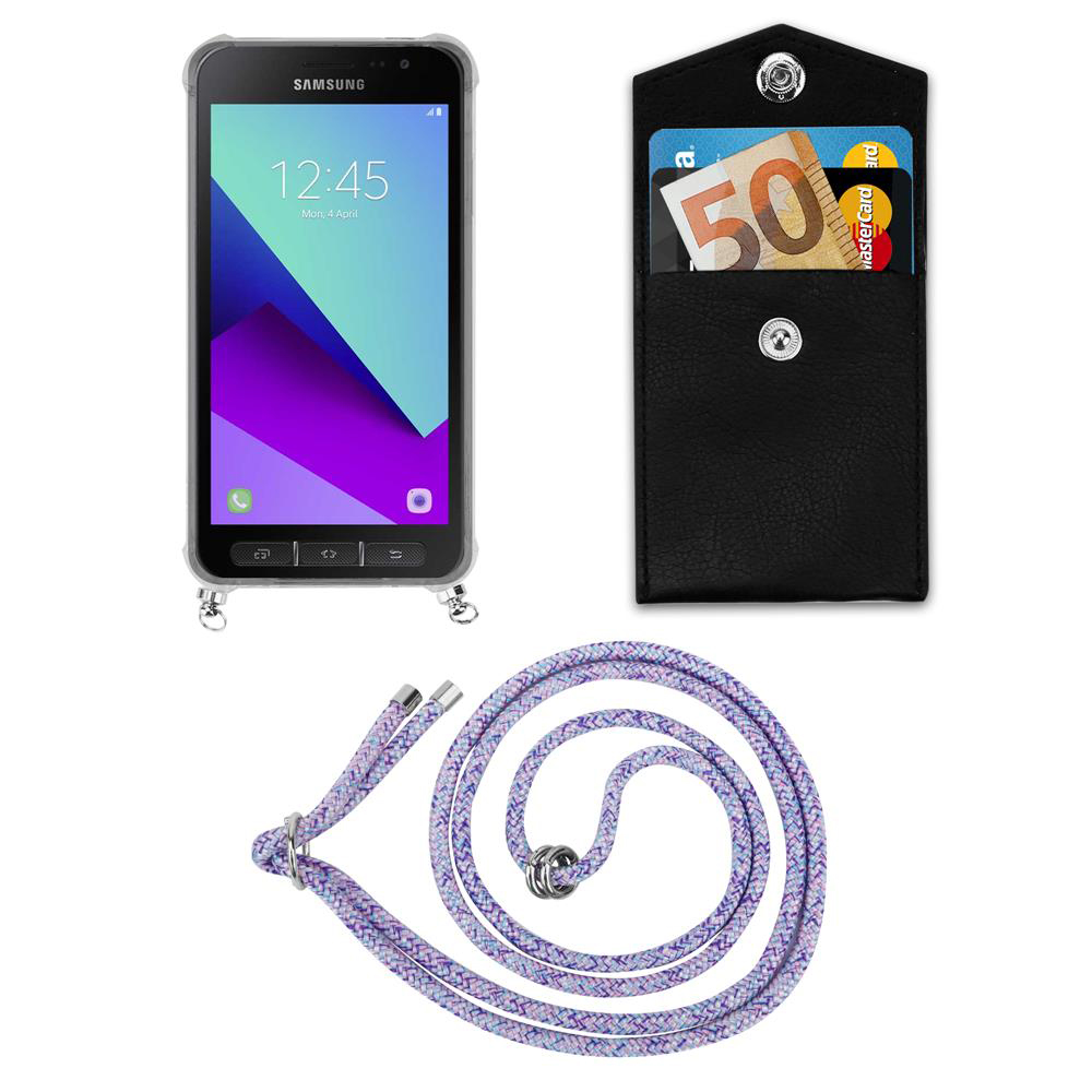 Smartphone Samsung con portafoglio, banconota da 50 euro, carta di credito e cordino.