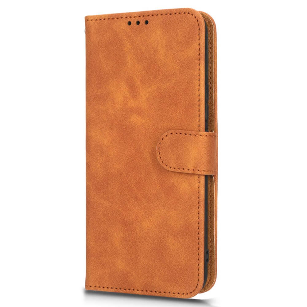 Custodia a libro in pelle marrone per telefono con chiusura a scatto.