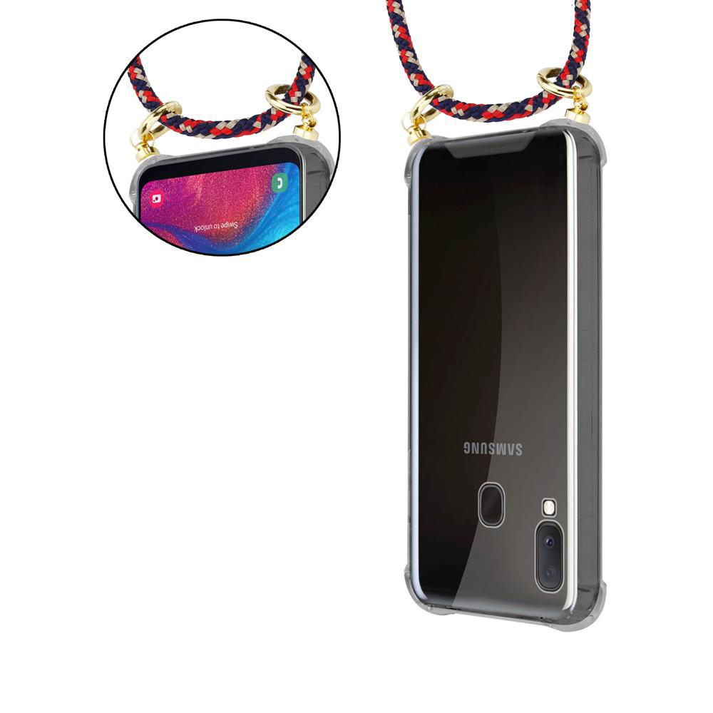 Custodia trasparente con cinturino colorato per telefono Samsung.
