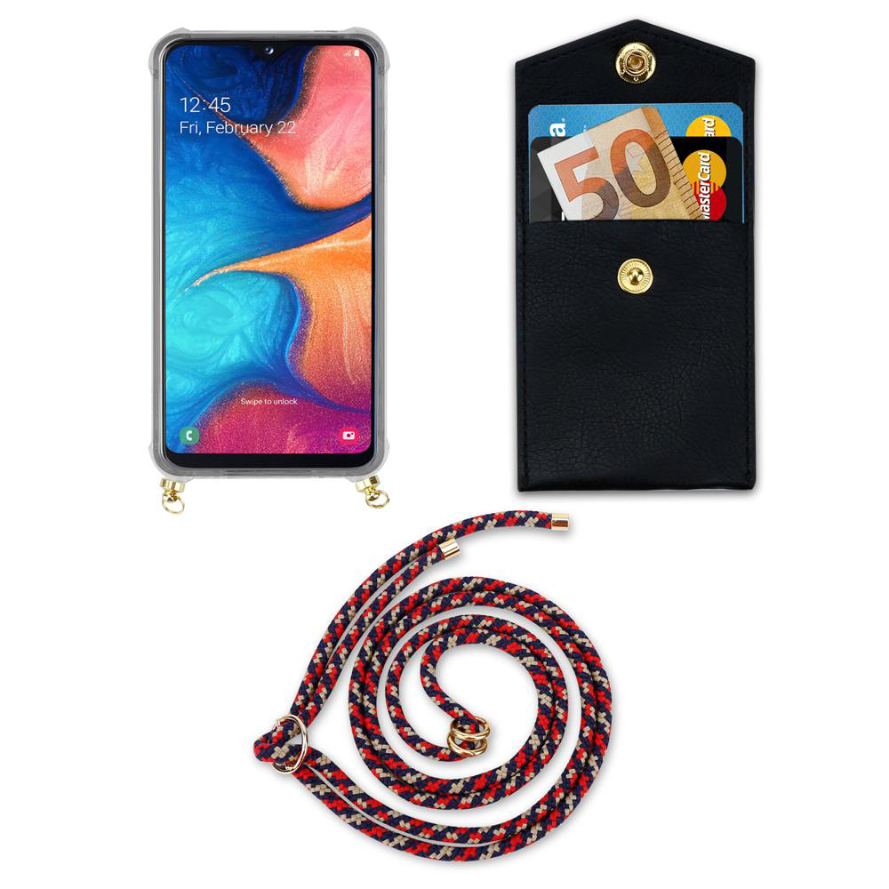 Smartphone in custodia, portafoglio nero con carte e soldi, e cordino fantasia.