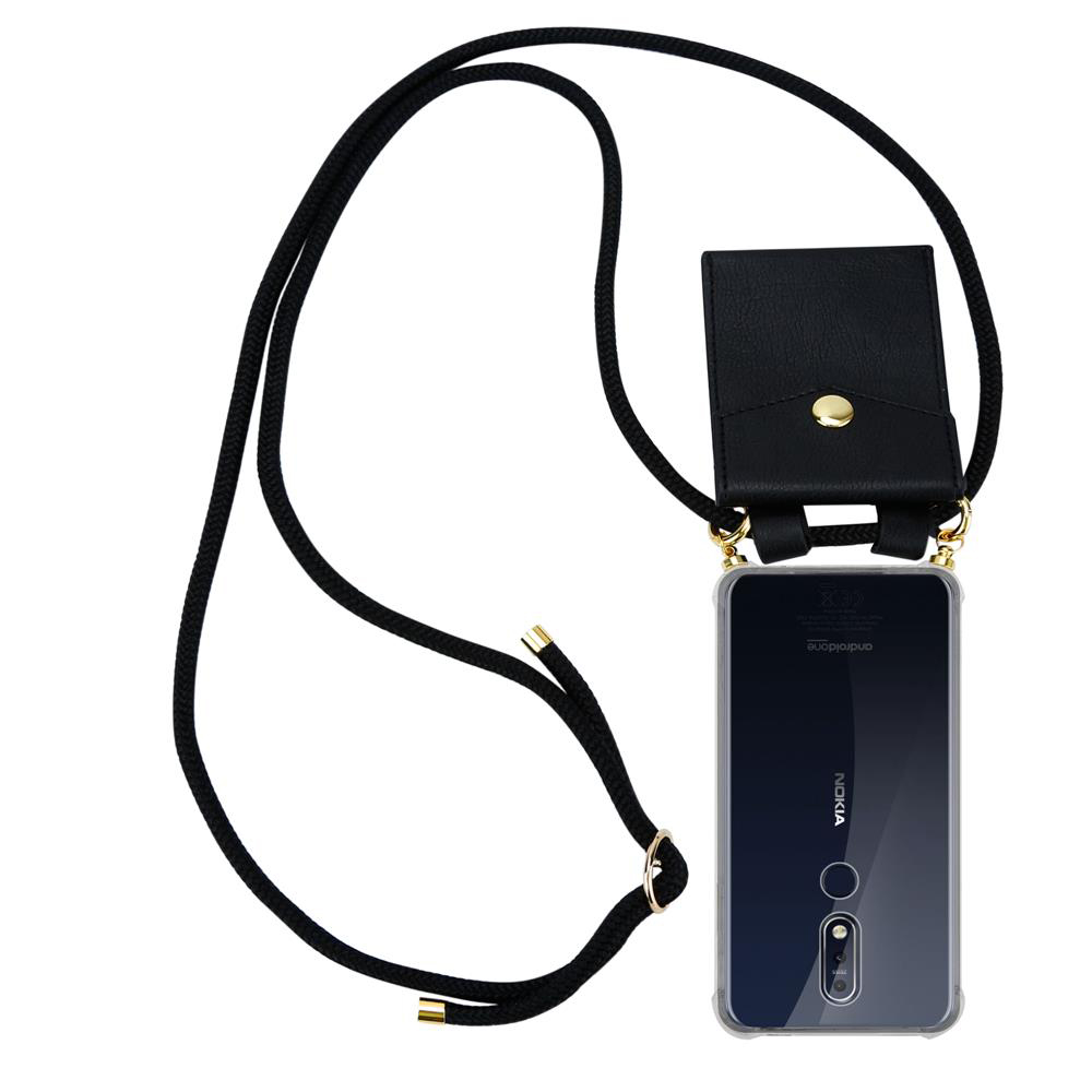 Eine schwarze Handyhülle mit Lanyard und kleiner Tasche.