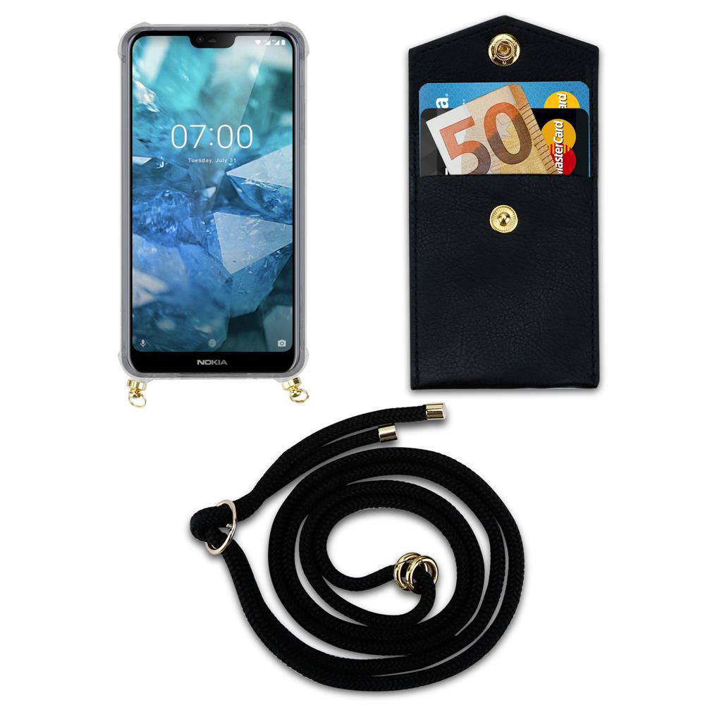 Ein schwarzes Handy mit Lanyard, eine Geldbörse mit Geld und Karten.