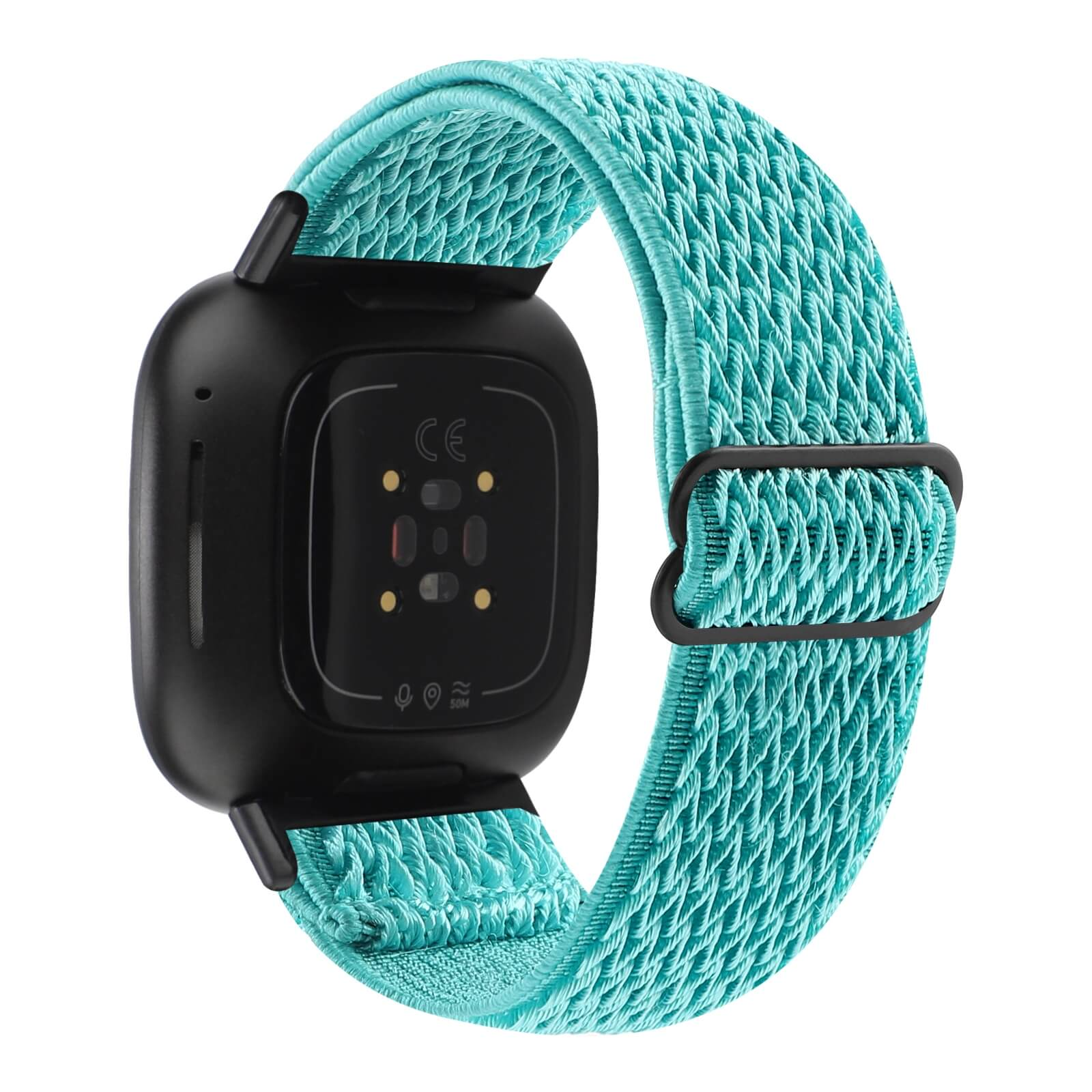 Arrière d'une montre connectée avec bracelet turquoise et capteurs de fréquence cardiaque.