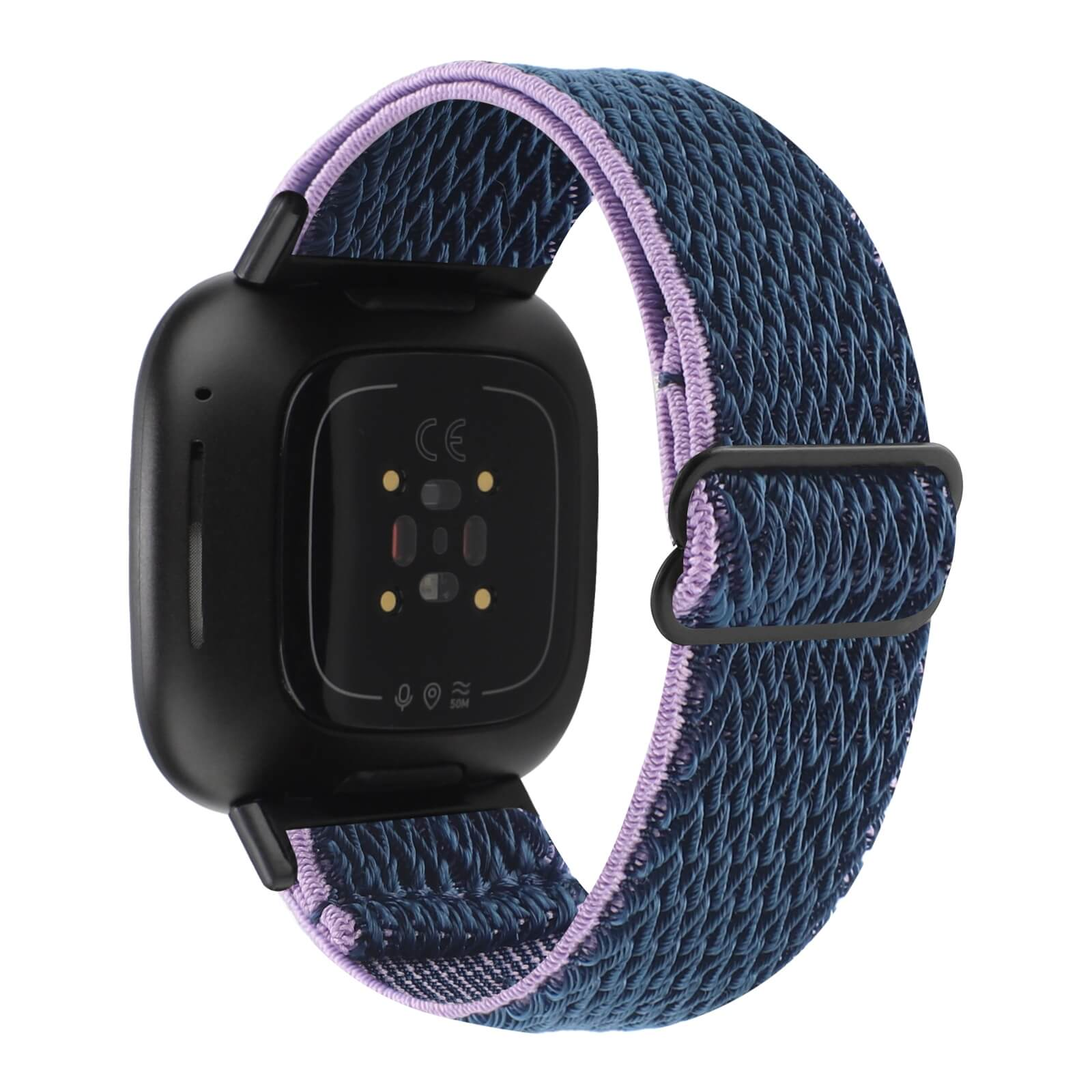 Dos d'une montre connectée avec bracelet bleu et bordure violette, capteurs cardiaques.