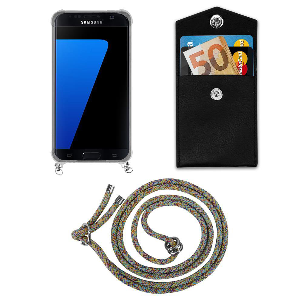 Uno smartphone Samsung, un portafoglio nero con banconota da 50 euro e un laccio colorato per telefono.