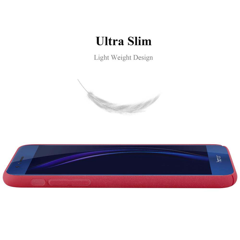 Schlankes rotes Handy mit Feder und Text 'Ultra Slim'.