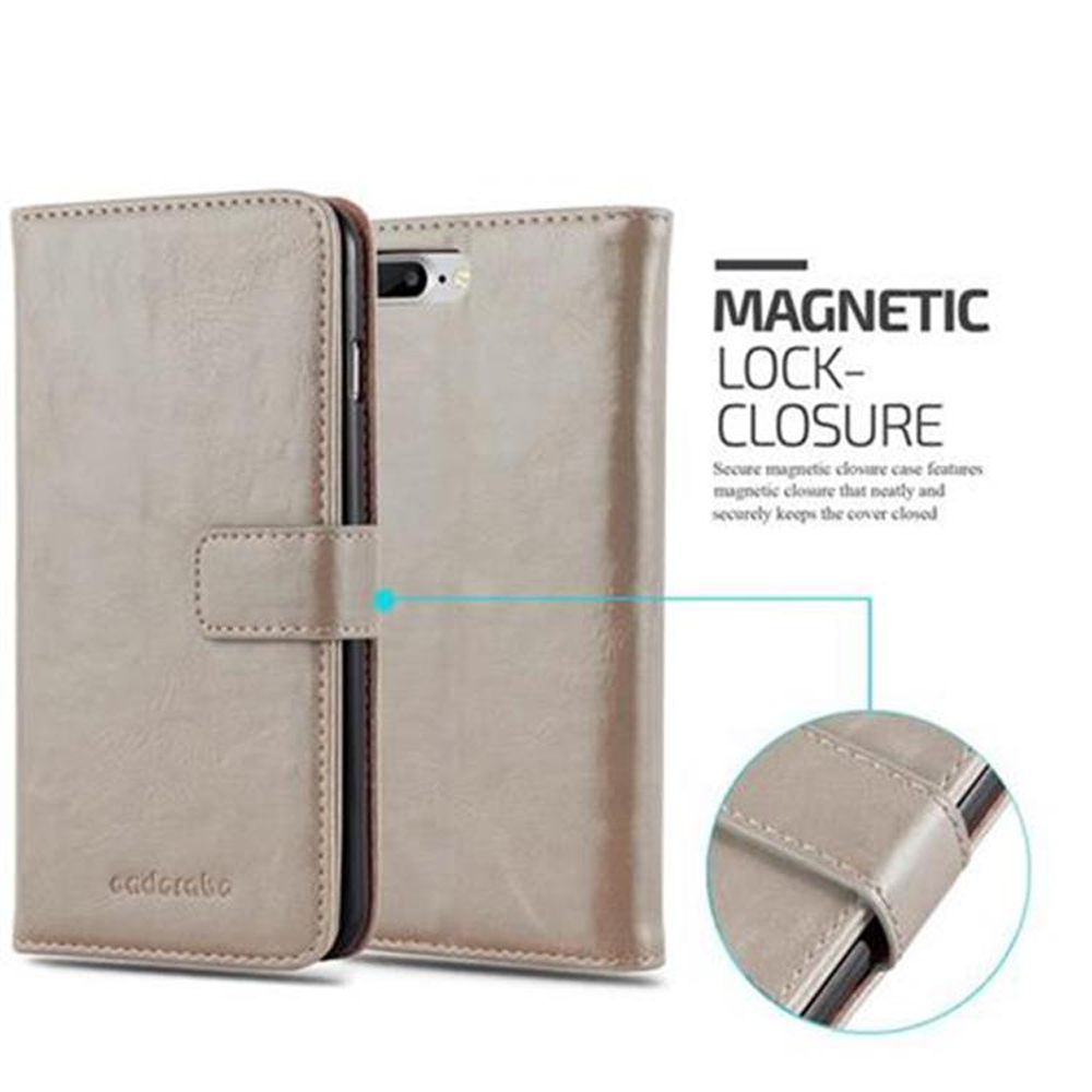 Viene mostrata una custodia per telefono beige in stile portafoglio con chiusura magnetica.