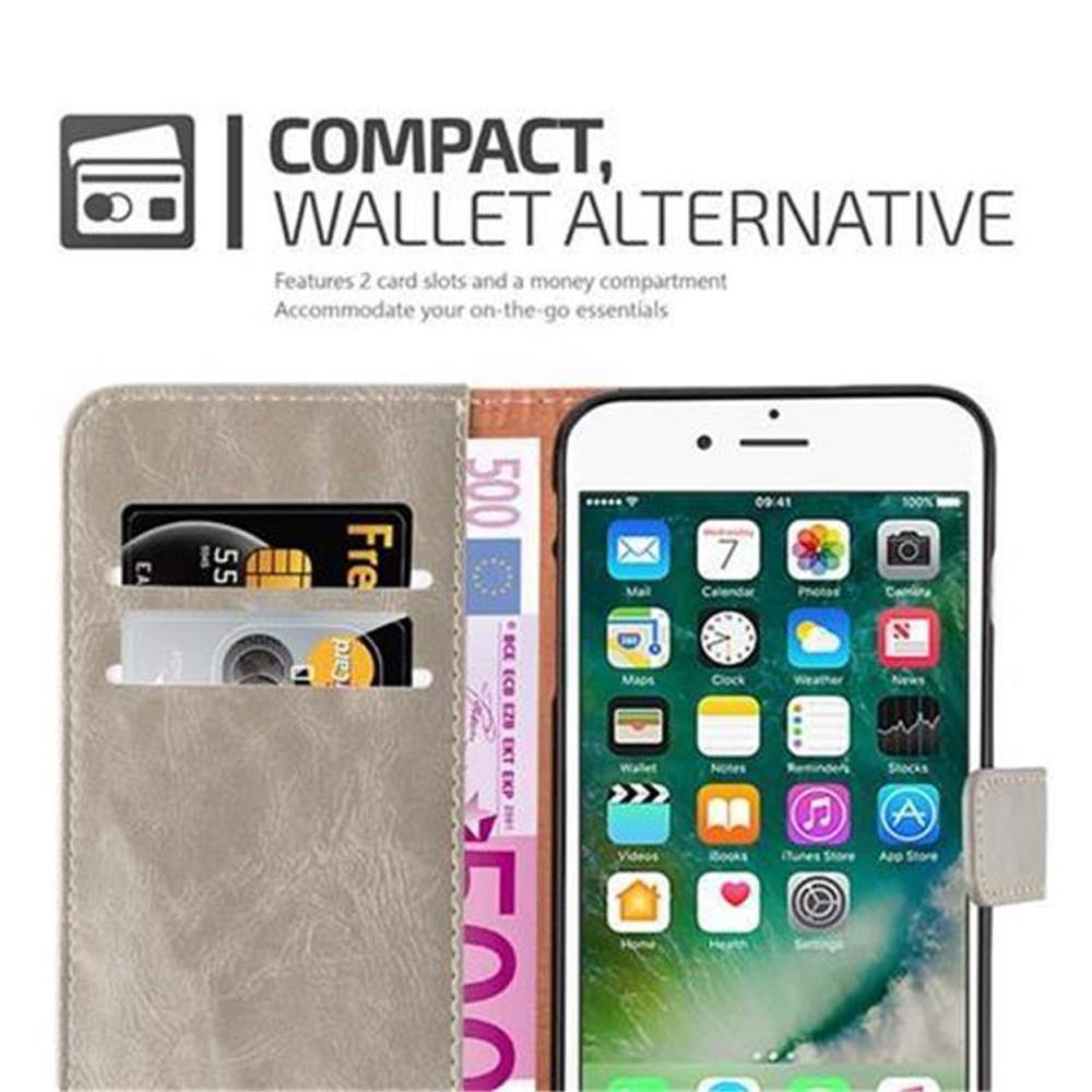 Custodia a portafoglio grigia con slot per carte e smartphone.