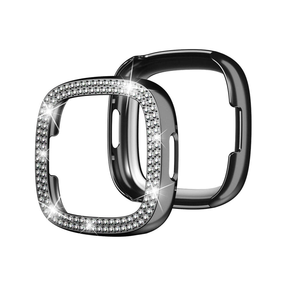Deux coques de protection scintillantes pour smartwatch ornées de strass.