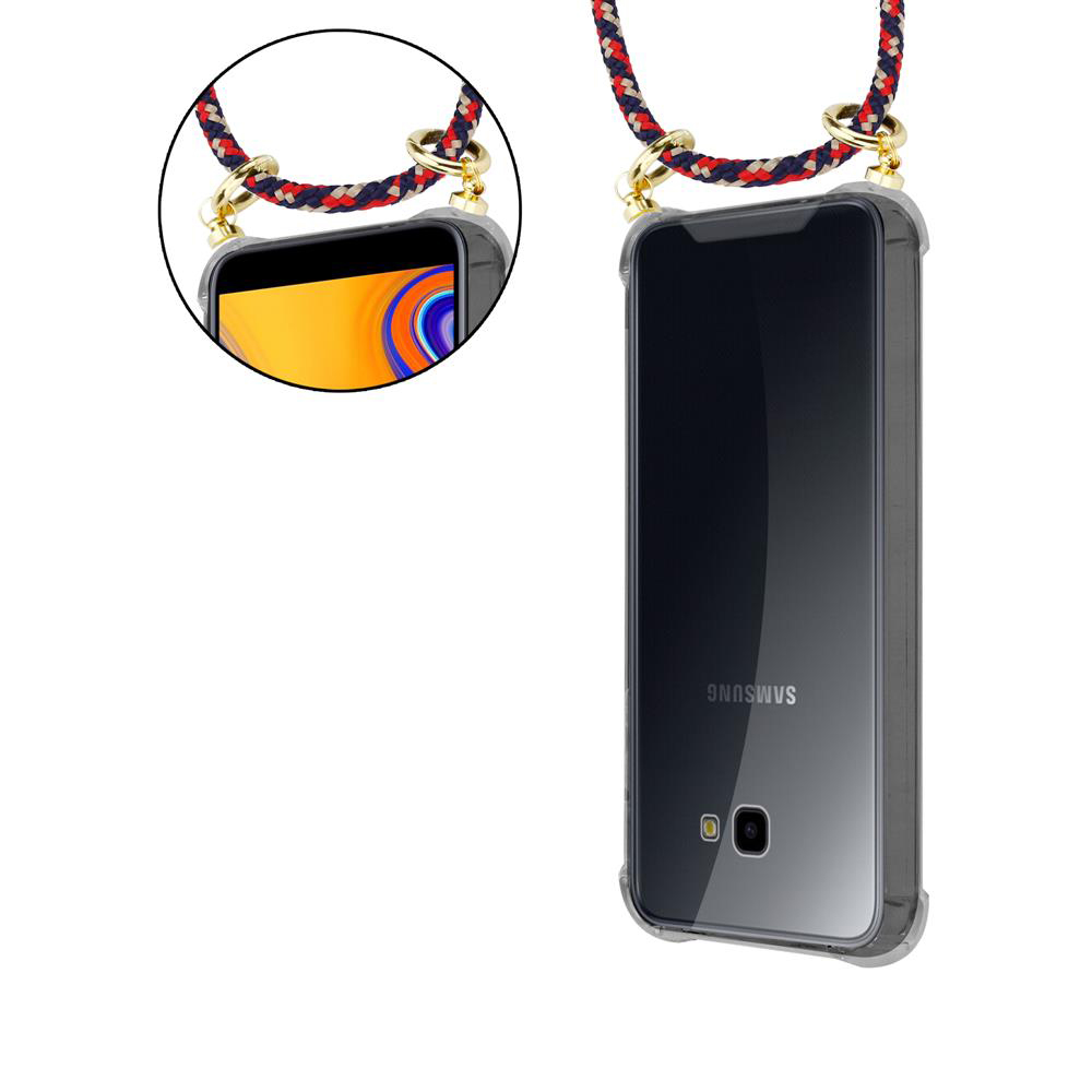 Uno smartphone in una custodia trasparente con cinturino colorato attaccato.