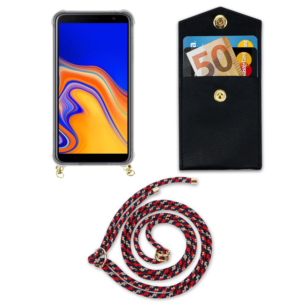 Smartphone con custodia, portafoglio con soldi e carte, e cordino.