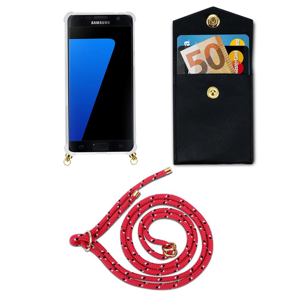 Uno smartphone Samsung con un porta carte nero e un cordino rosso.