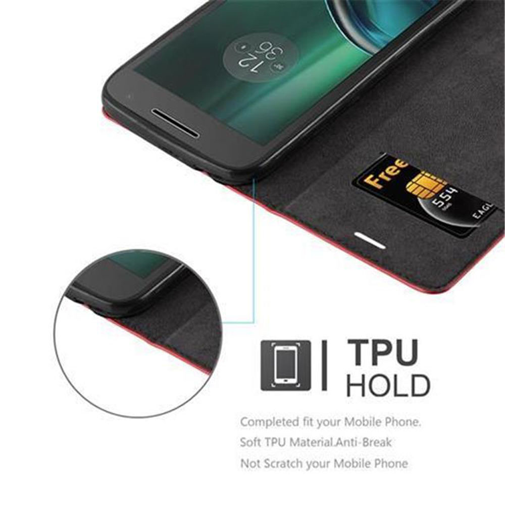 Teléfono negro en funda forrada de rojo con tarjeta de crédito y texto TPU.