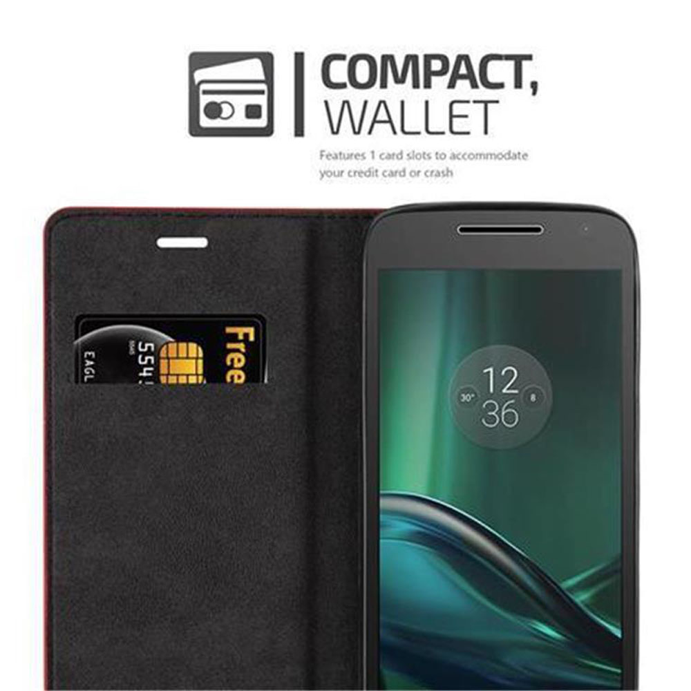 Funda tipo cartera compacta con un teléfono y una tarjeta.