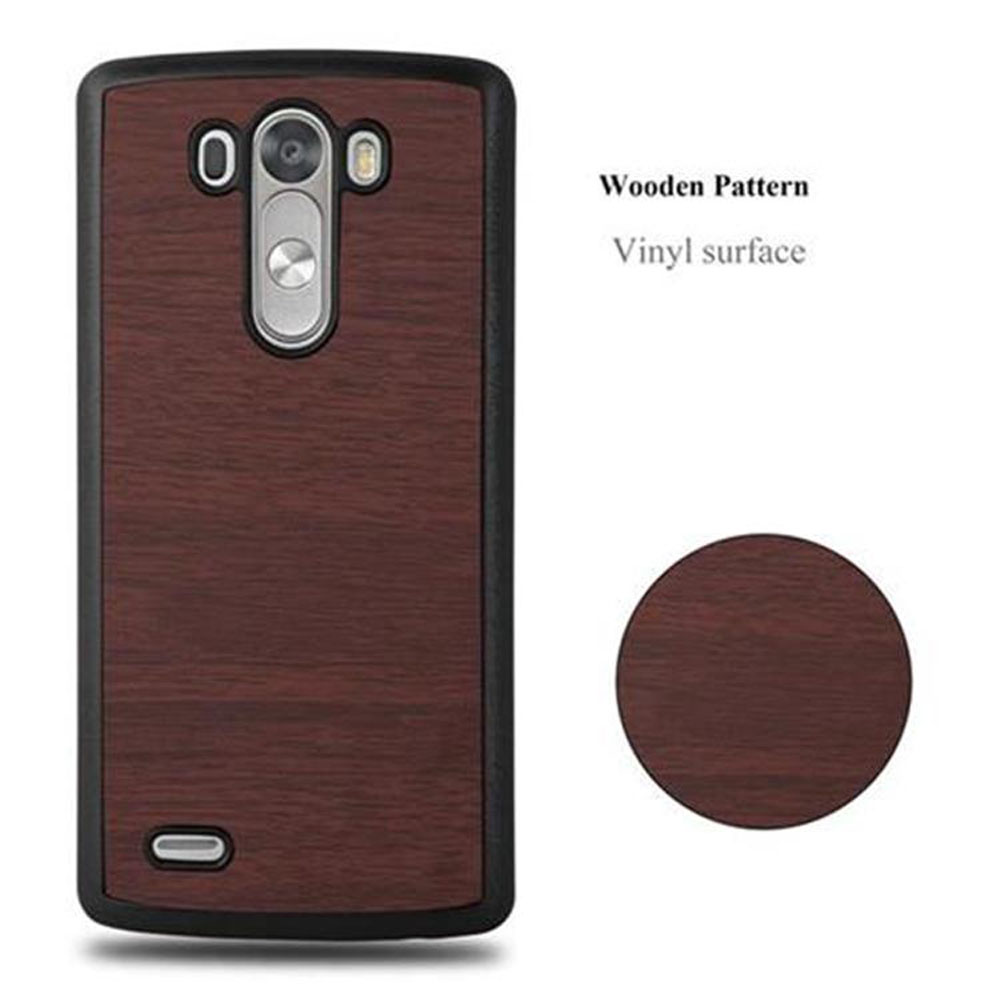 Funda de teléfono marrón oscuro con veta de madera y borde negro.