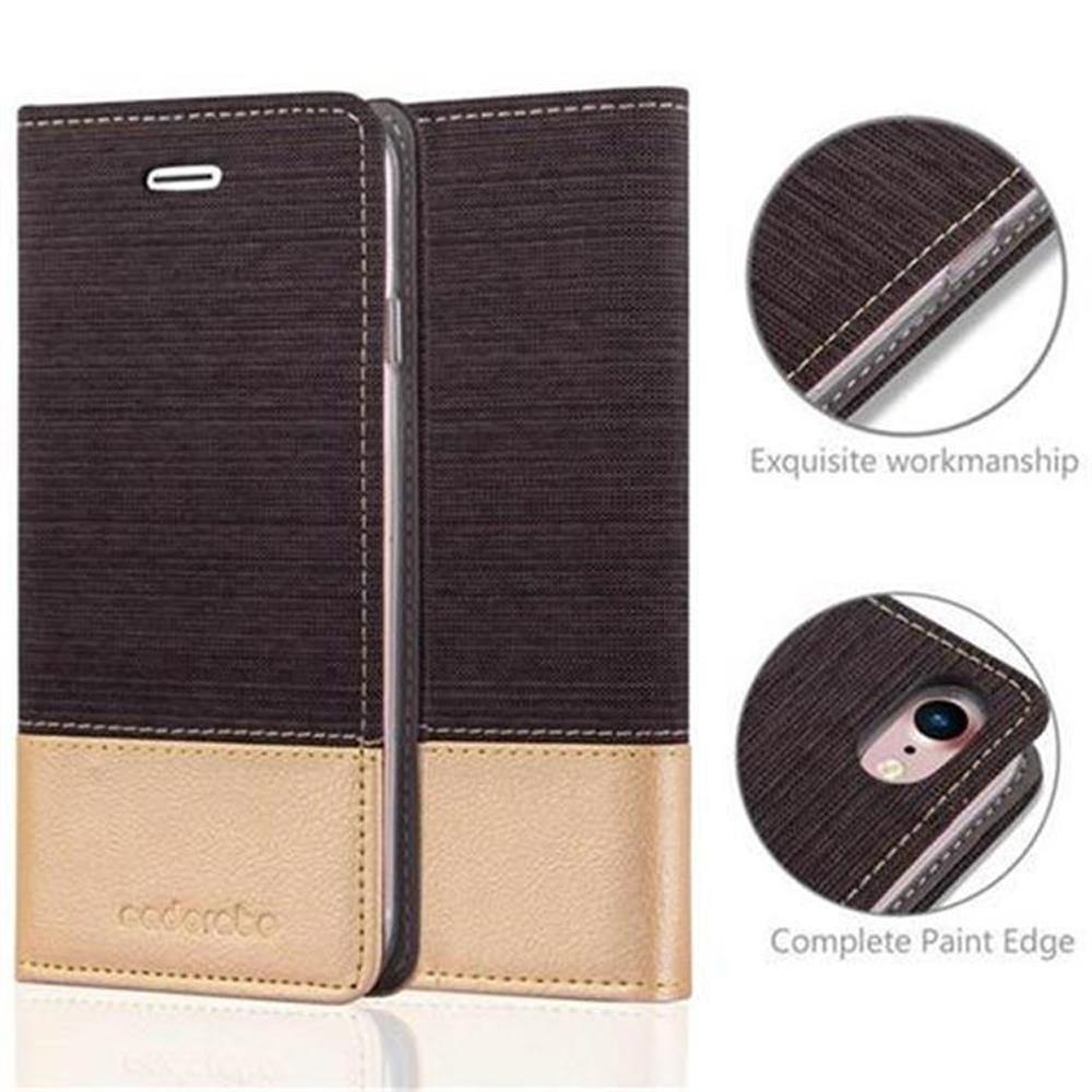 Custodia marrone scuro per telefono con fondo in pelle beige, cuciture bianche.