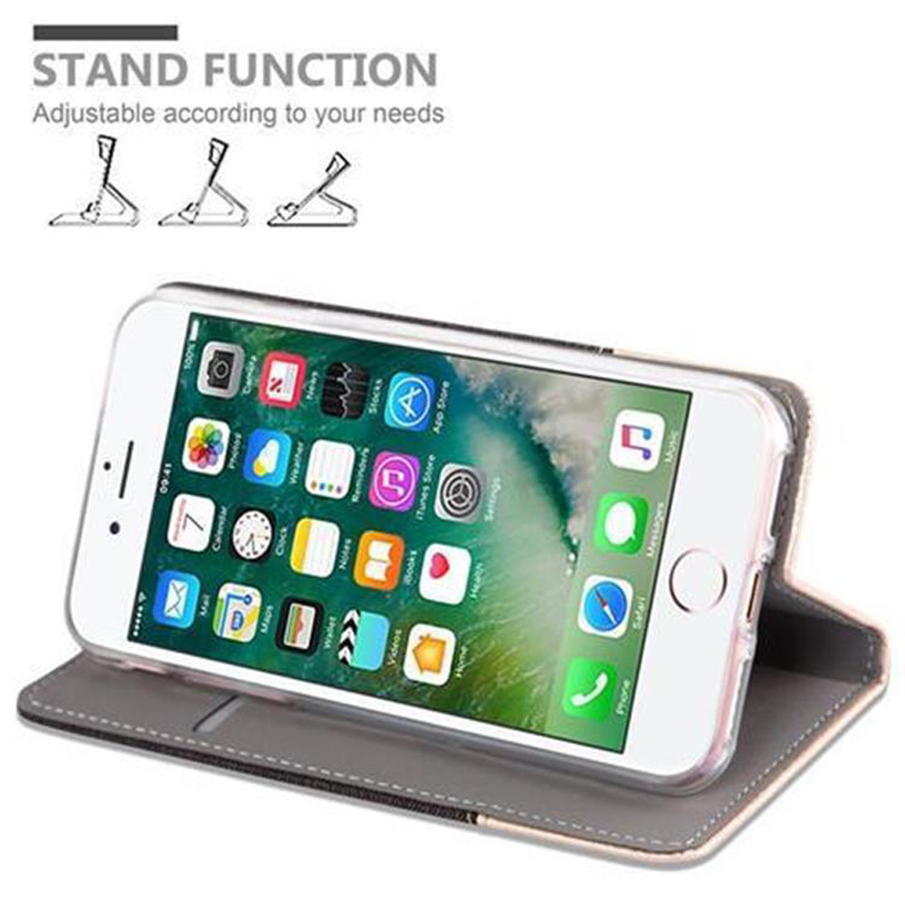 Uno smartphone in una custodia grigia che funge da supporto.