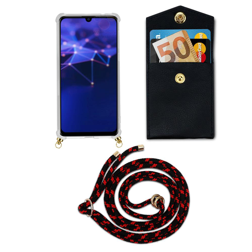 Smartphone con custodia, portafoglio con soldi e carte, e cordino.