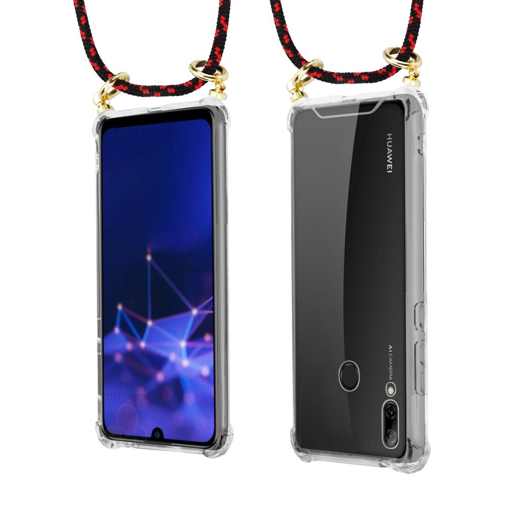 Viene mostrata una custodia trasparente per telefono con cordino rosso e nero, vista frontalmente e posteriormente.