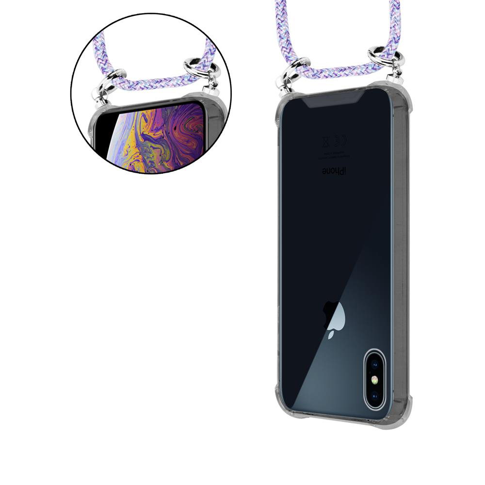 Ein transparentes iPhone mit einem bunten Hintergrund und einer lila Schnur wird gezeigt.