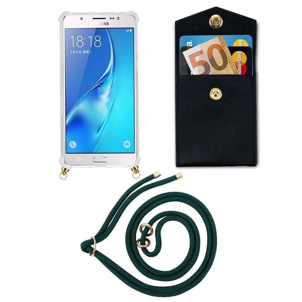 Uno smartphone in custodia con porta carte e cordino.
