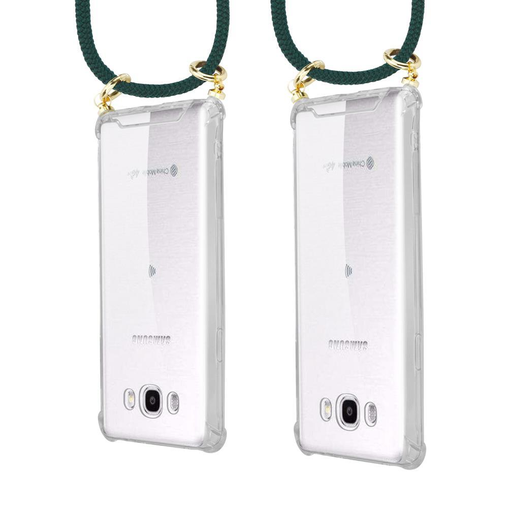 Due custodie trasparenti per telefono con cordini verdi.