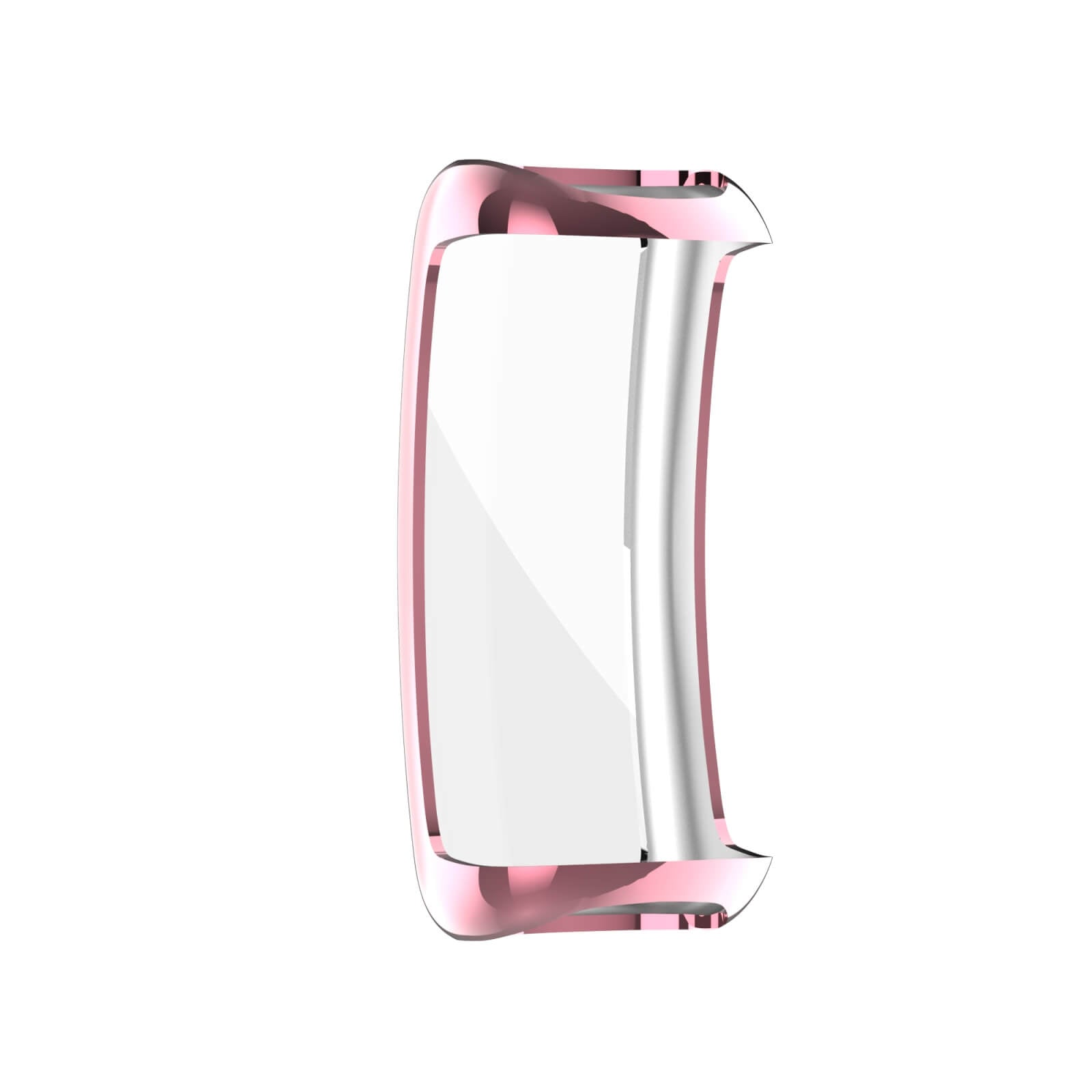 Un cadre de protection rose pour un appareil rectangulaire sur fond blanc.