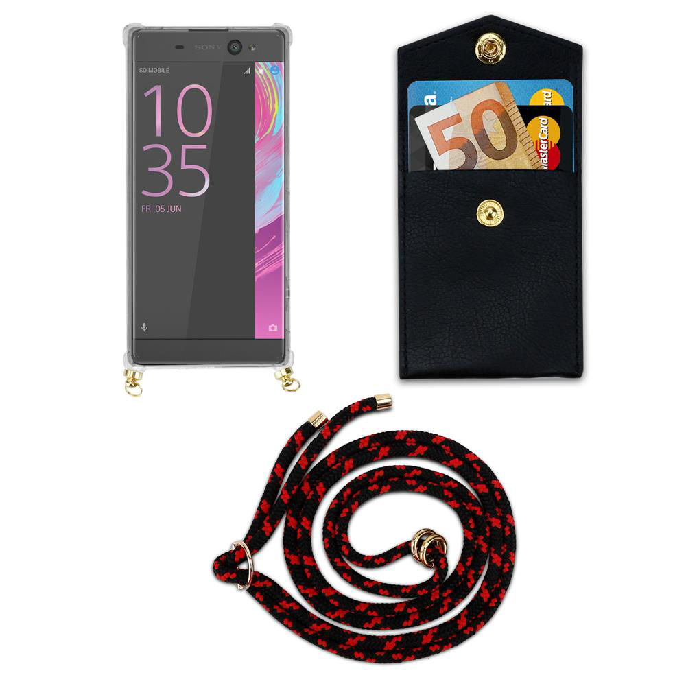 Smartphone mit Hülle, Kartenetui mit Geld und Karte, und Lanyard.