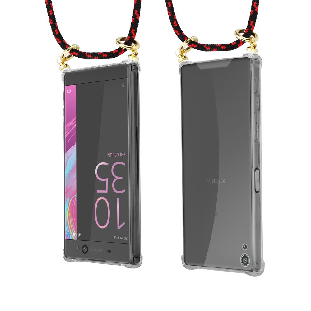 Zwei Sony Xperia Smartphones mit Tragekordel, eines zeigt die Uhrzeit 10:35.