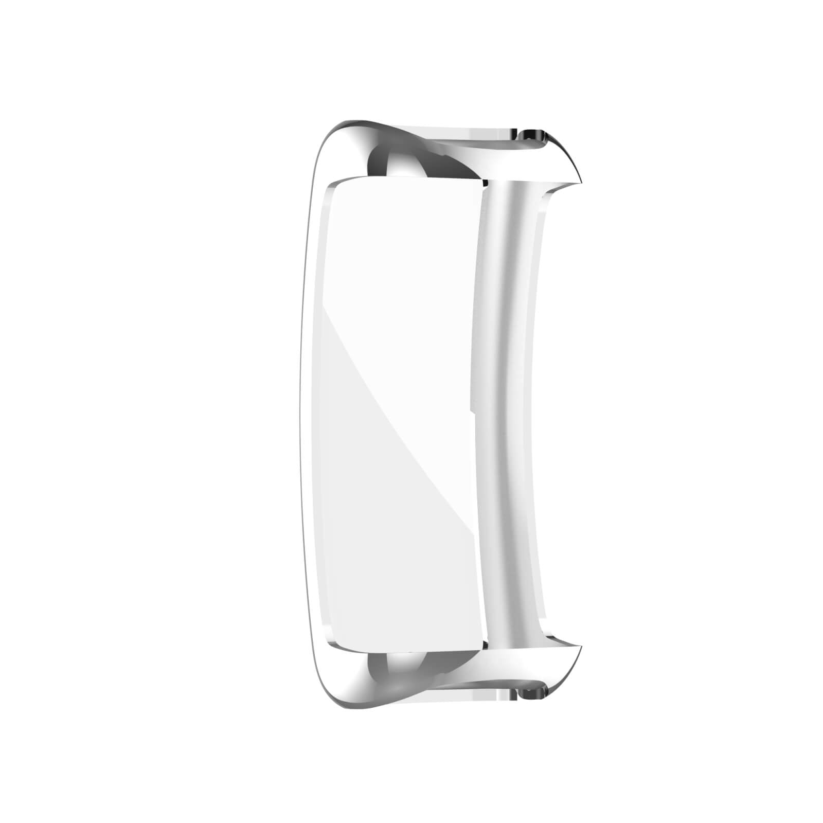 Un cadre de protection argenté pour un bracelet de fitness sur fond blanc.