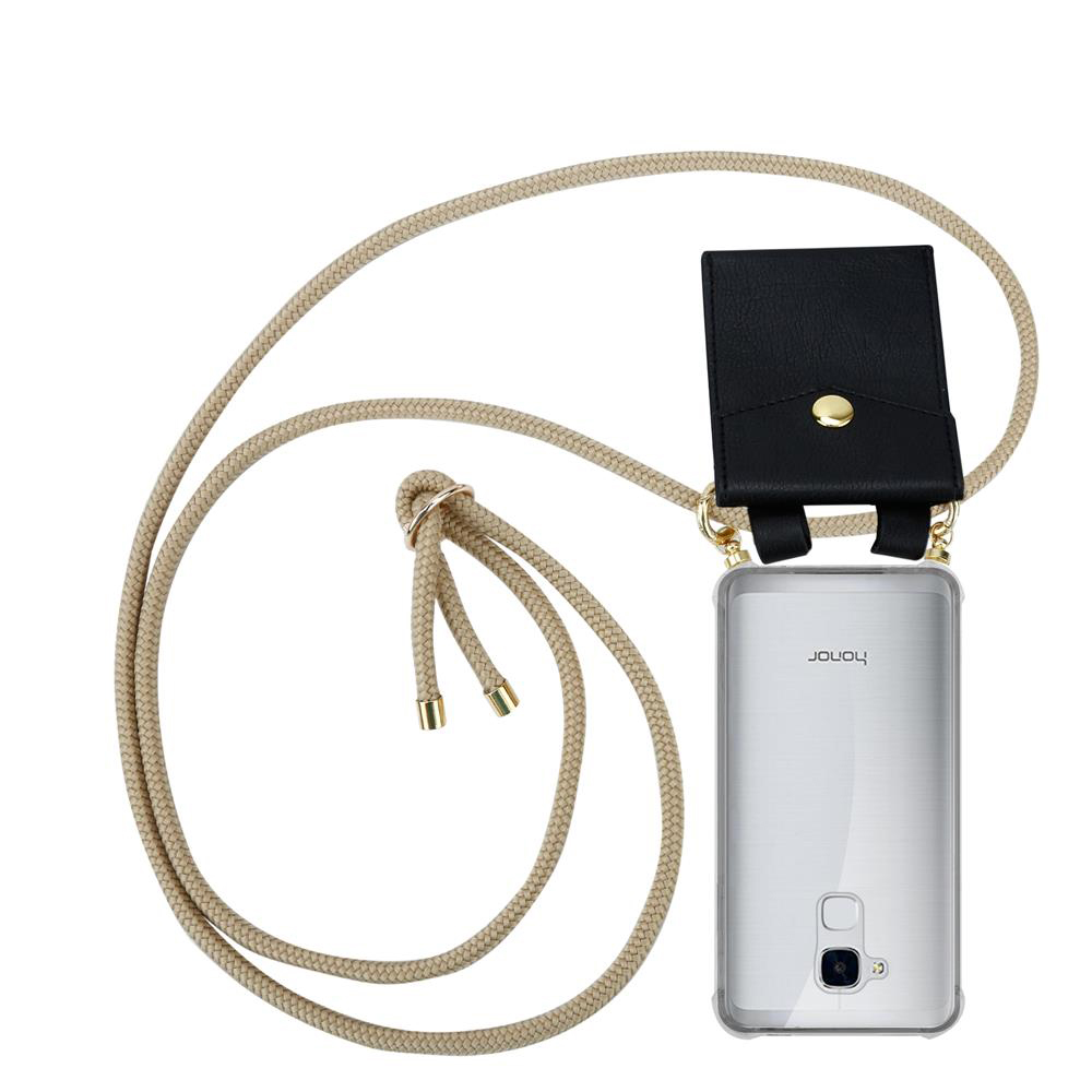 Ein beige Kordel mit einem schwarzen Kartenhalter befestigt an einem transparenten Handyhülle.