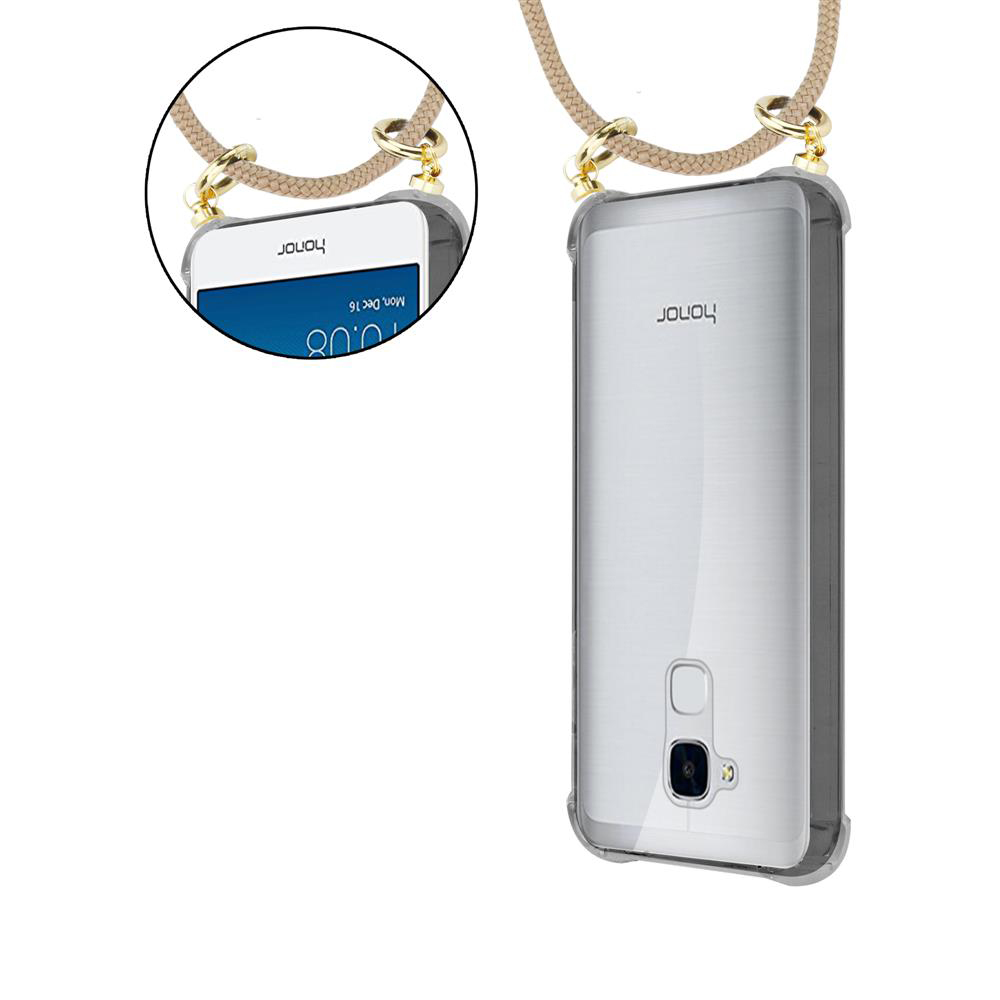 Ein Smartphone in einer transparenten Hülle mit einem Umhängeband.