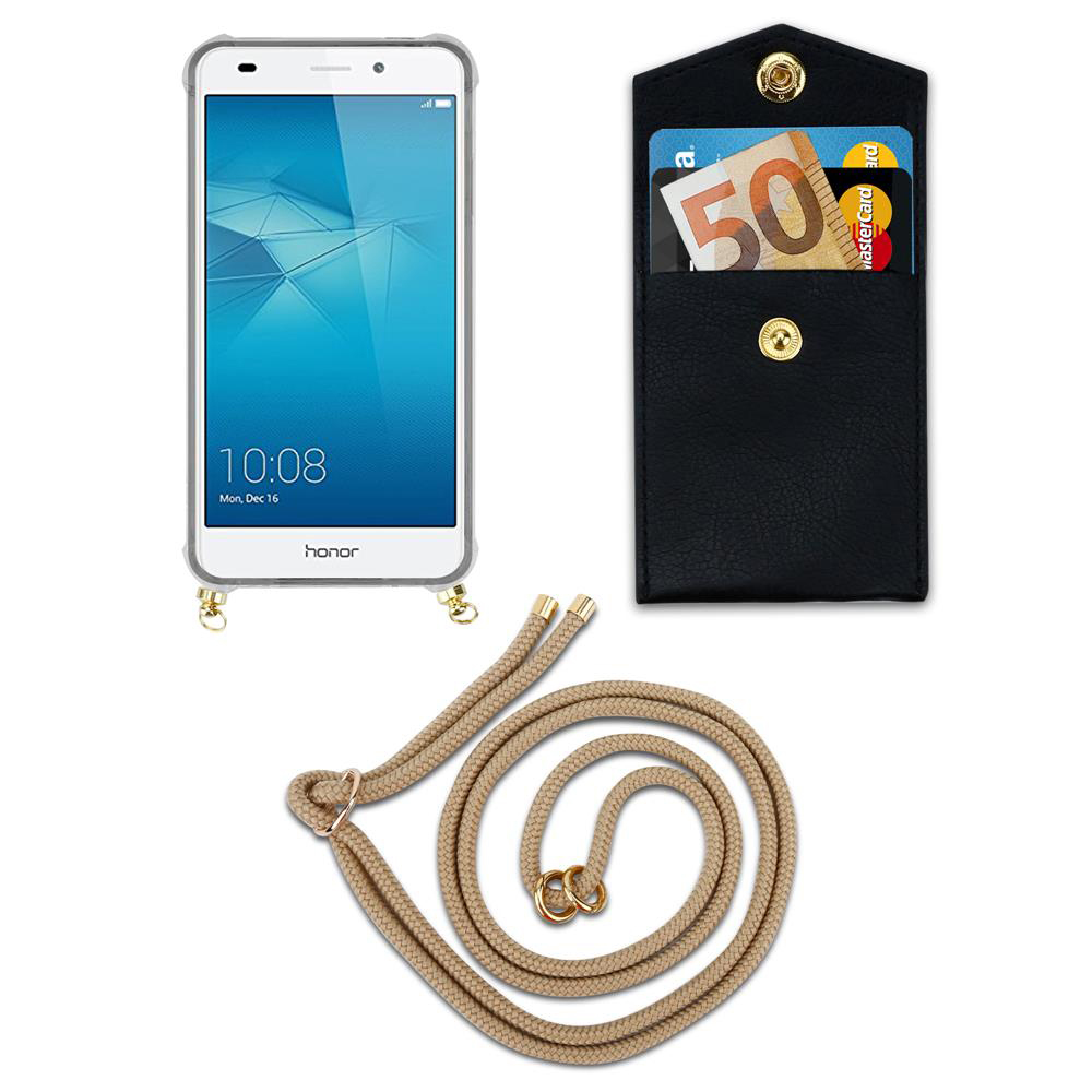 Ein Smartphone mit Hülle, eine schwarze Tasche mit Geld und Karten, und eine Kordel.