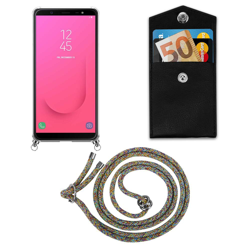 Ein Smartphone, eine schwarze Brieftasche mit 50-Euro-Schein und eine bunte Kordel.