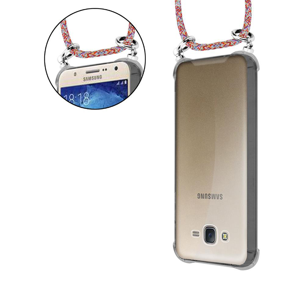 Ein Samsung-Handy mit einem bunten Band, vorne und hinten gezeigt.
