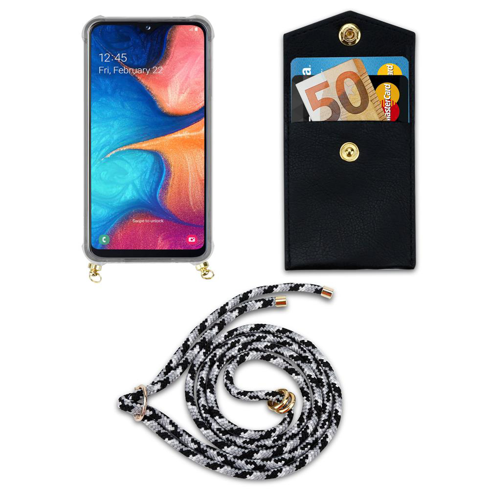 Uno smartphone con schermata di blocco, una custodia nera con carte e un laccetto.