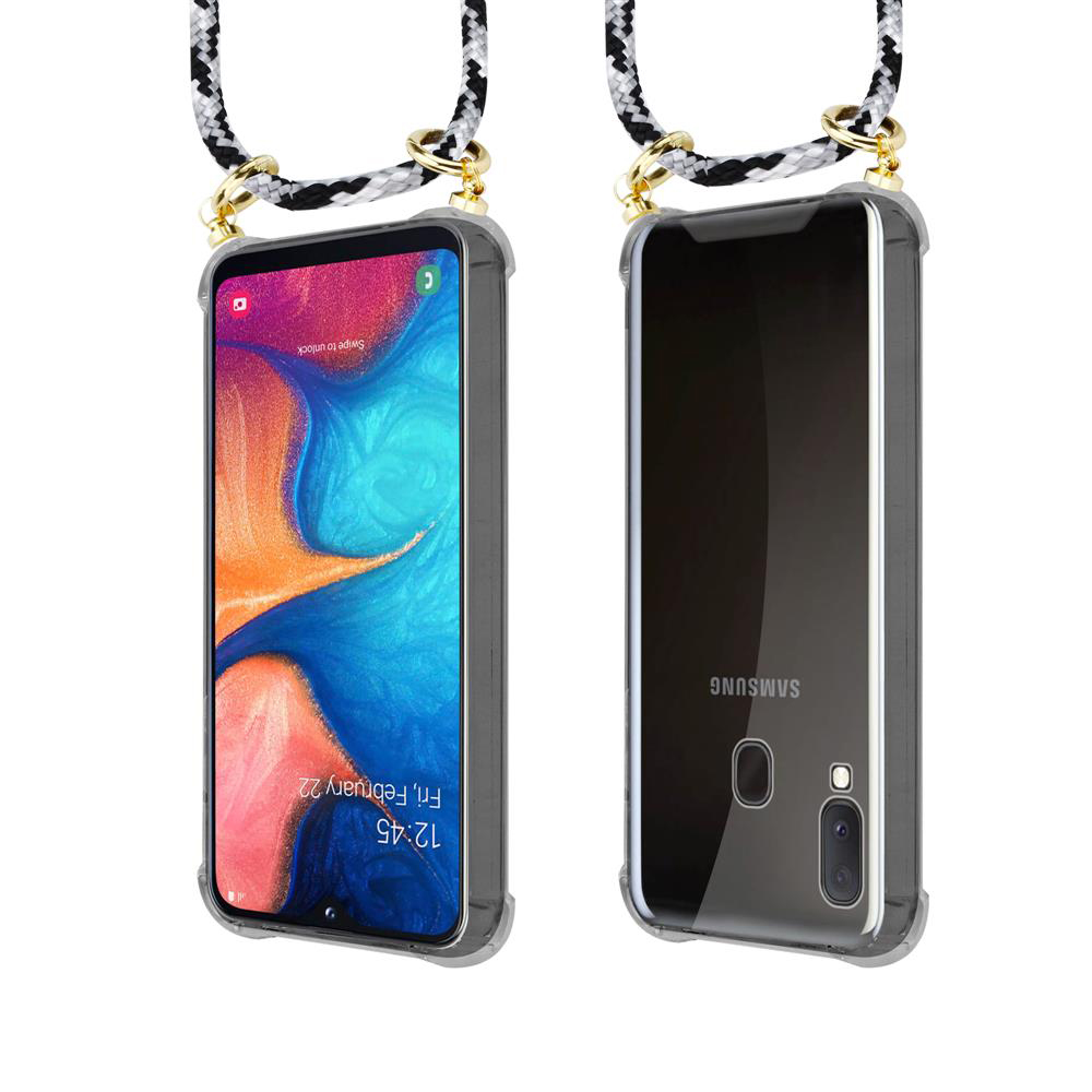 Uno smartphone in custodia trasparente con cordino, viste frontale e posteriore.