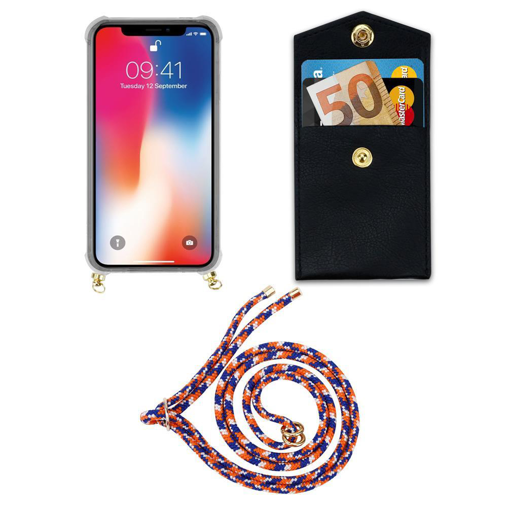 Uno smartphone in custodia, un portafoglio nero con carte e contanti, e un cordino.