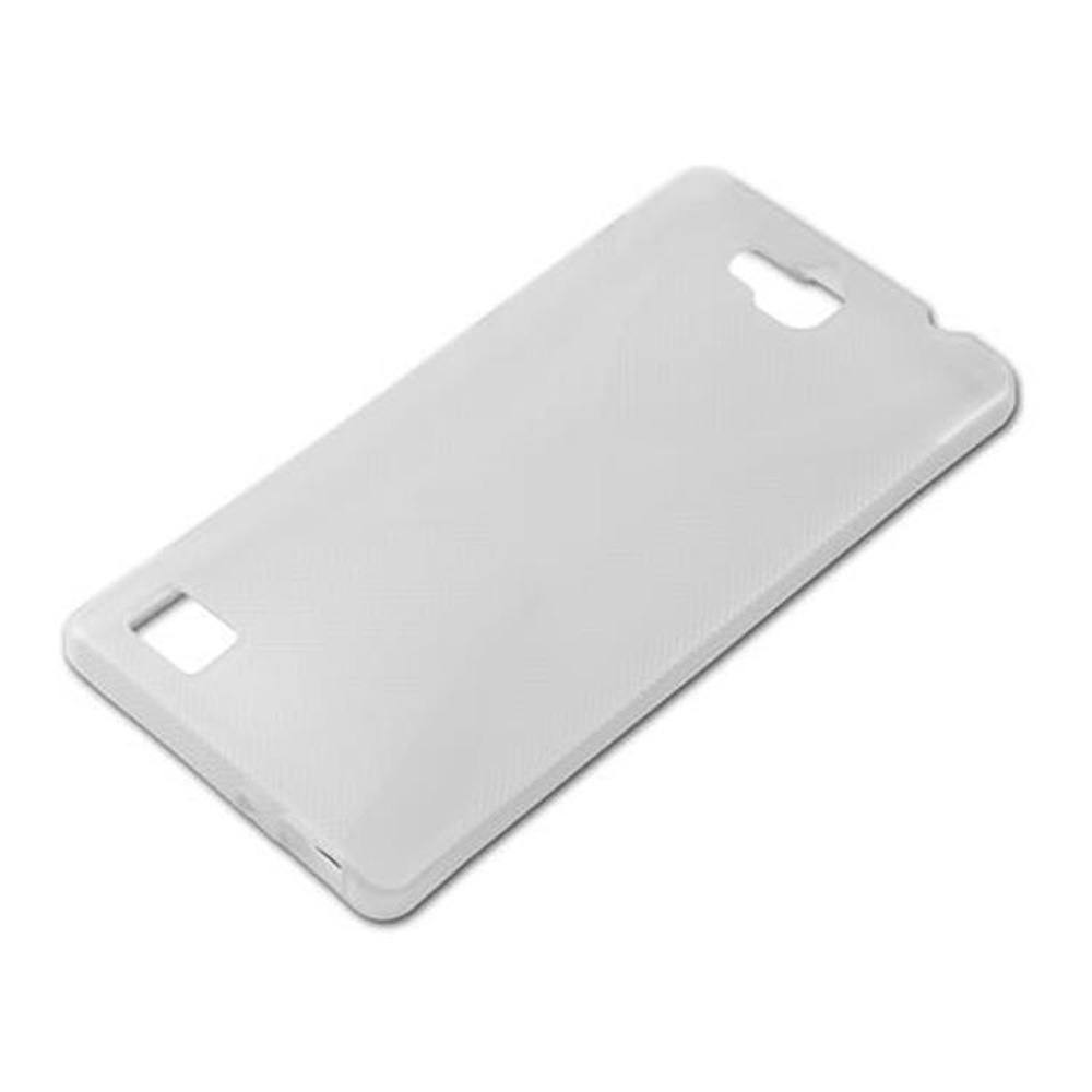 Una funda de teléfono blanca con recortes para la cámara y puertos.