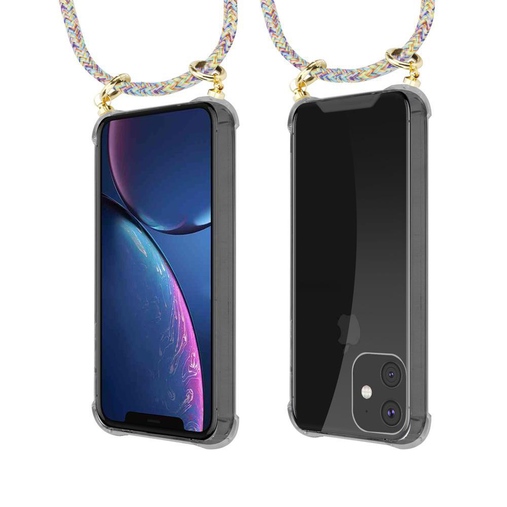Due iPhone in custodie trasparenti con cordini colorati.