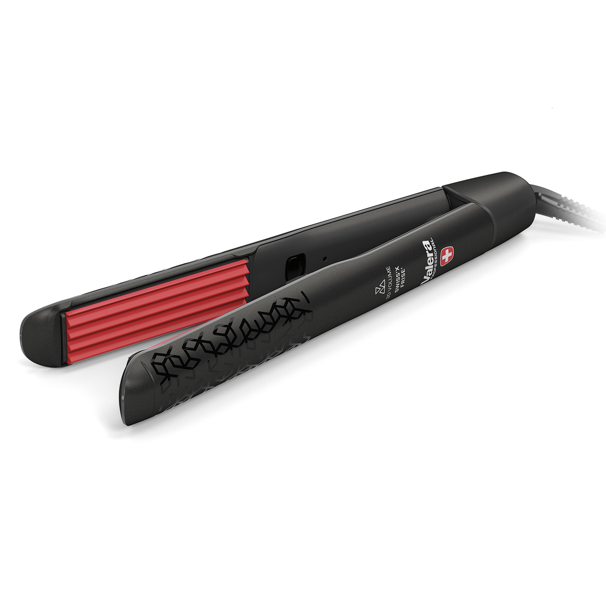 Czarna prostownica z czerwonymi płytami grzewczymi i wzorzystą rączką.