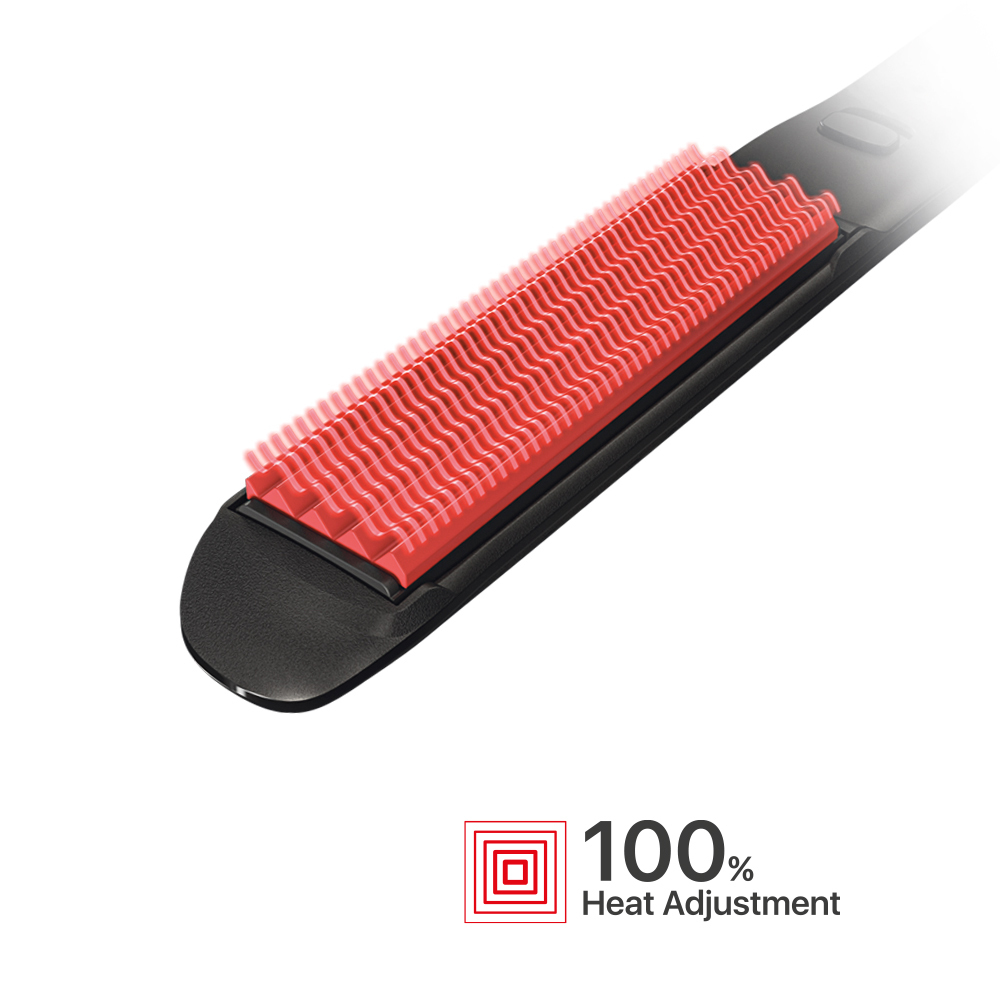 Czarna prostownica z czerwonymi, falistymi elementami grzewczymi i napisem '100% Heat Adjustment'.