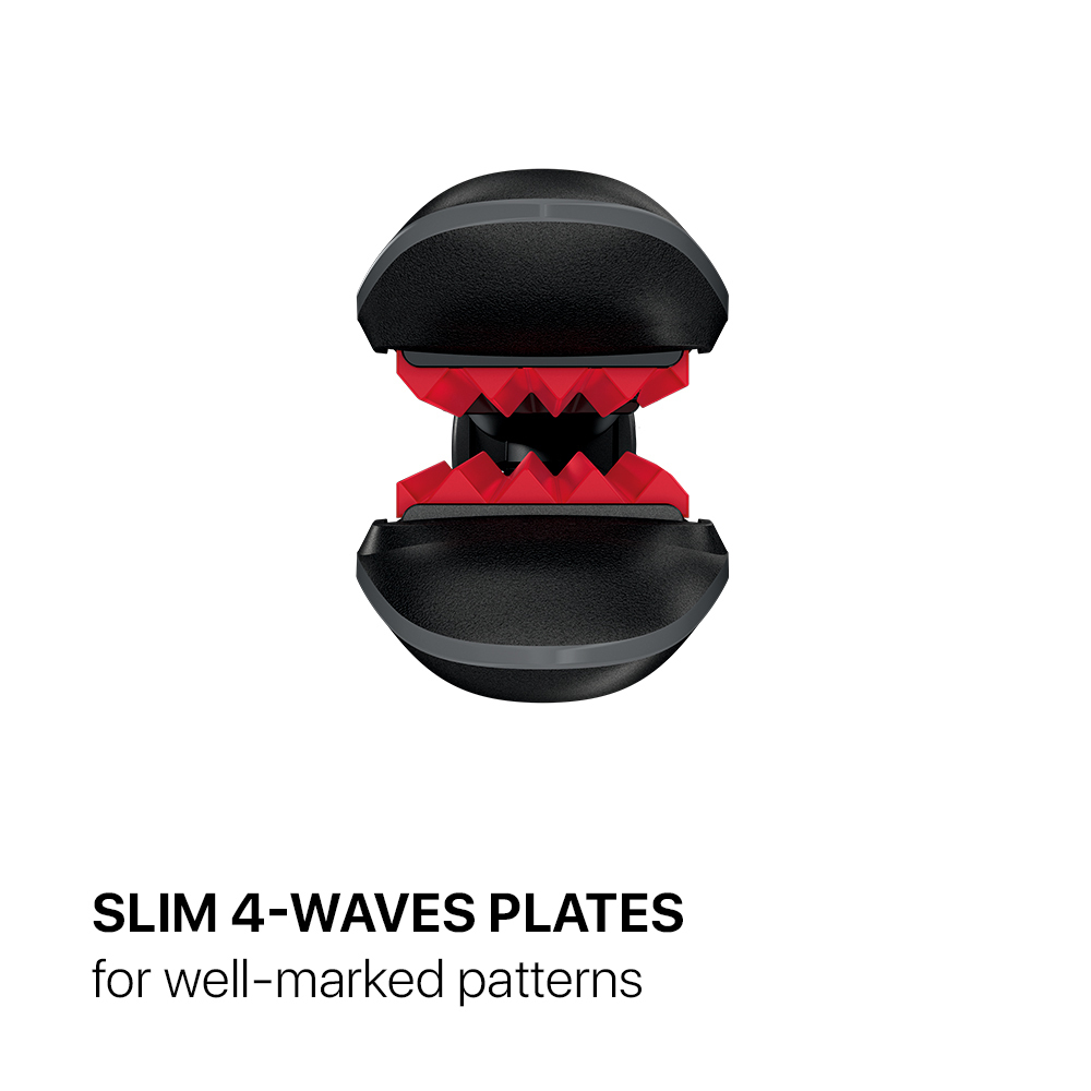 Czarne urządzenie z czerwonymi ząbkowanymi krawędziami.