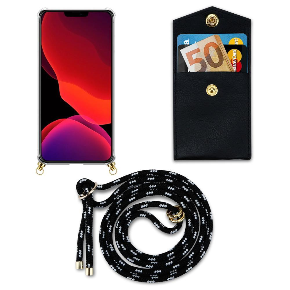 Uno smartphone in custodia, una tasca nera con soldi e carte, e un cordino.