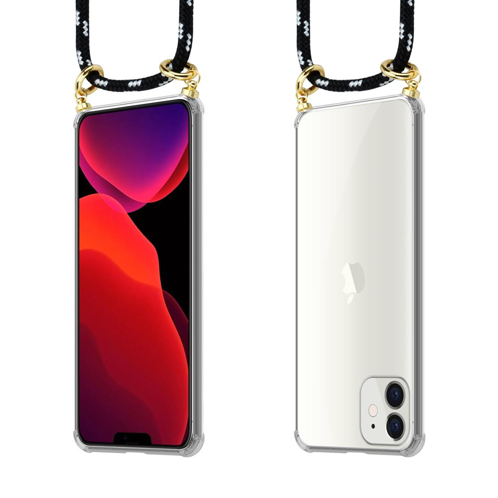 Uno smartphone in custodia trasparente con laccetto, vista frontale e posteriore.