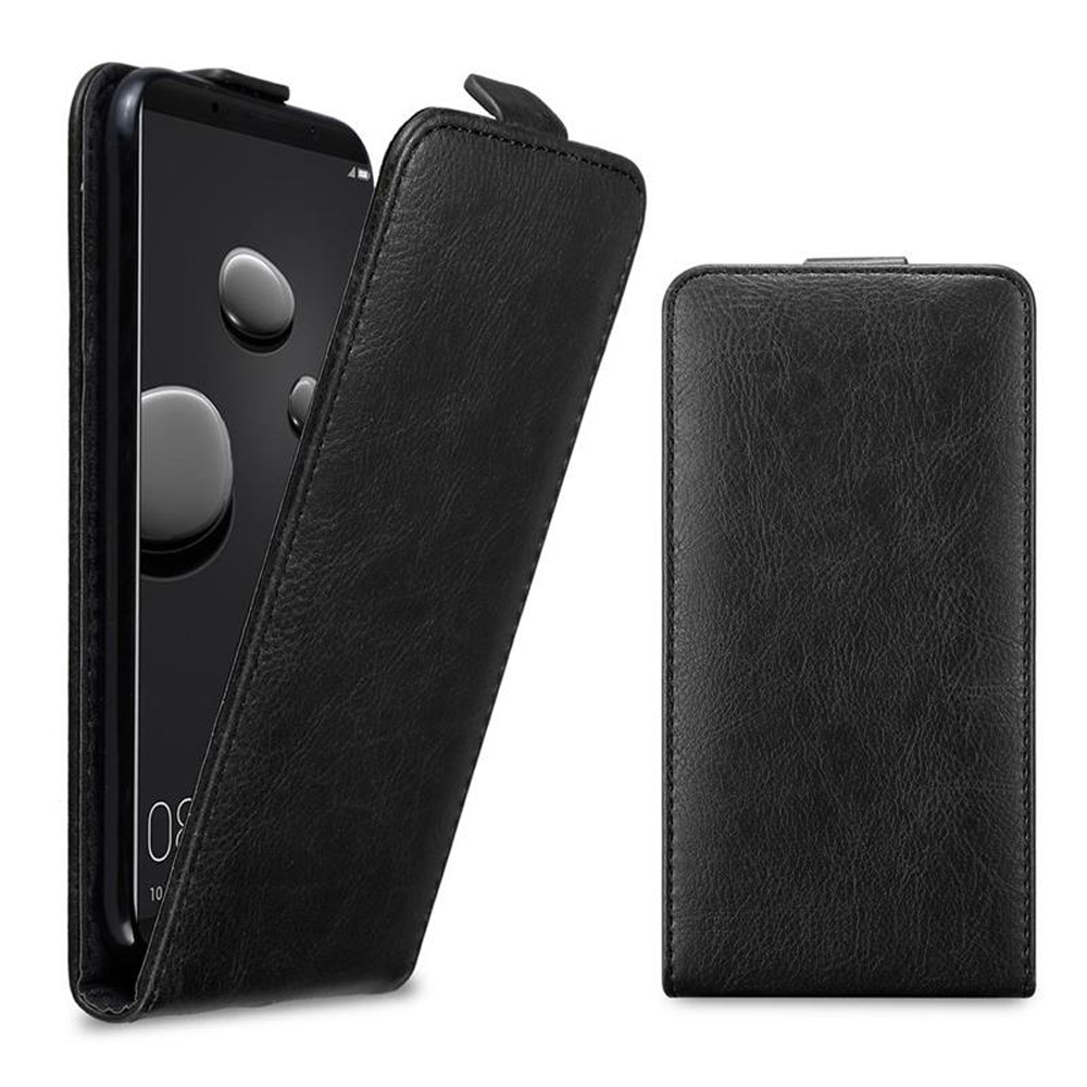 Schwarzes Leder-Flip-Handyhülle, geöffnet und geschlossen, mit Handy.
