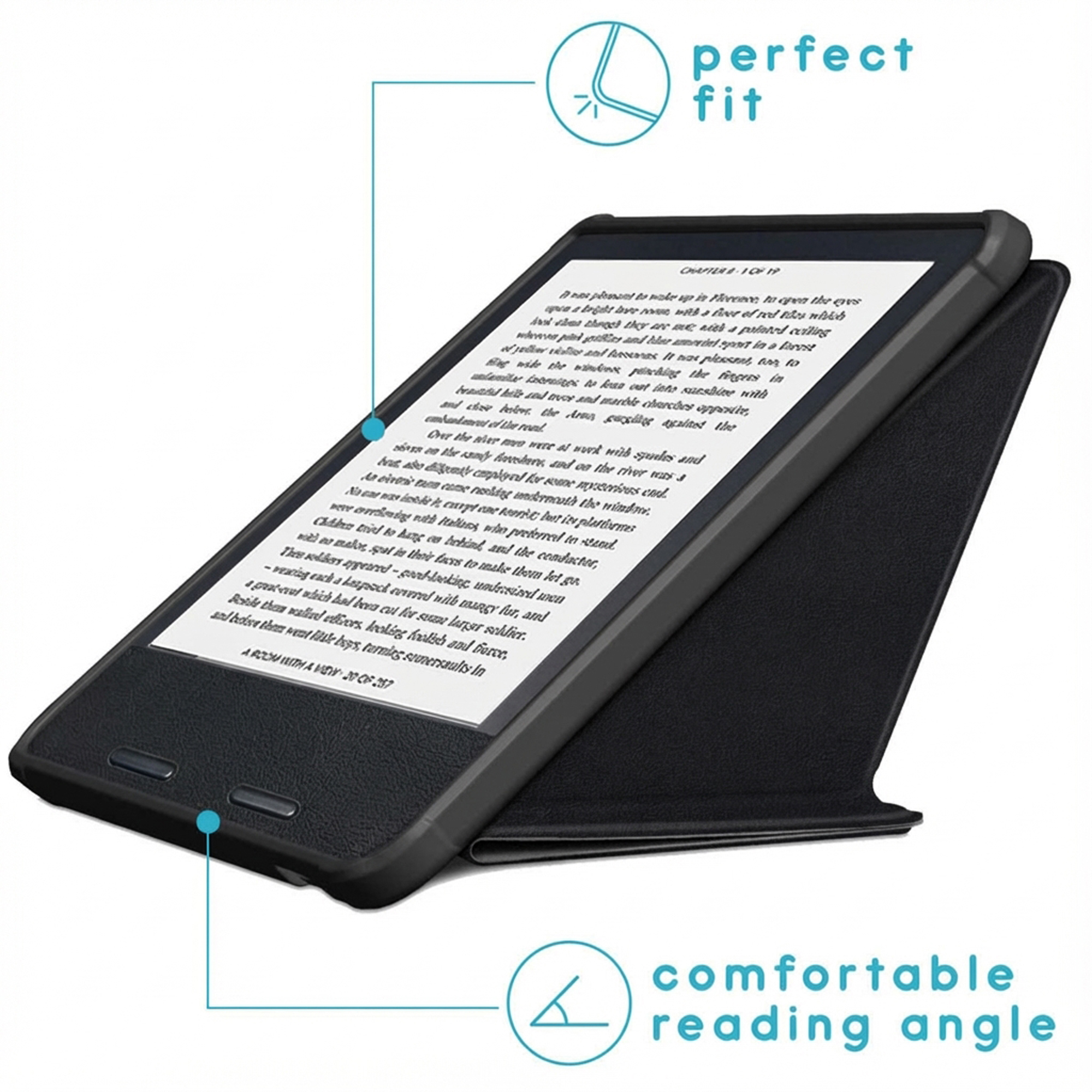 Een zwarte e-reader in een zwarte hoes die als standaard dient. Perfecte pasvorm.