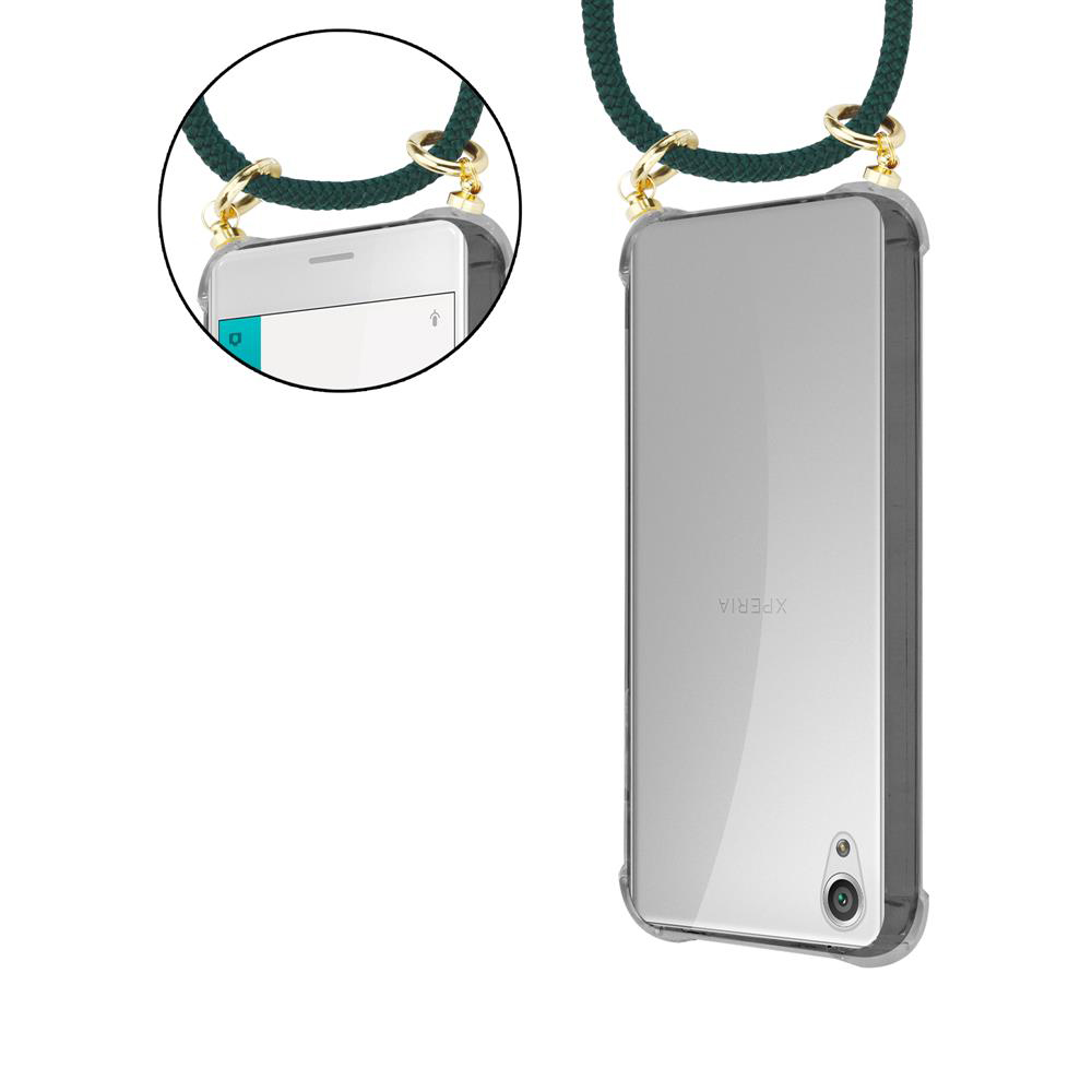 Ein Smartphone in einer transparenten Hülle, mit einem Halsband verbunden.